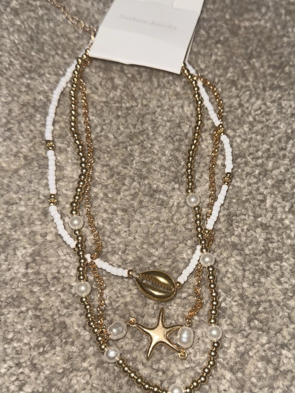 NWT- 3-Piece Coastal Boho Gold Tone Starfish Shell Pearl Necklace Set